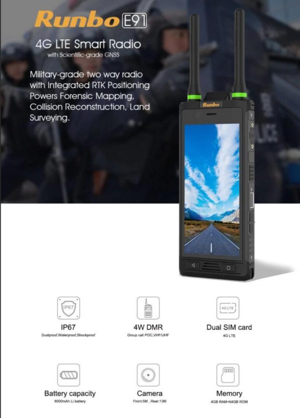 Runbo E91 UHF VHF Dual Band DMR Rugged Smartphone GNSS RTK Receiver Wifi Bluetooth NFC for surveying and mapping - Image 4