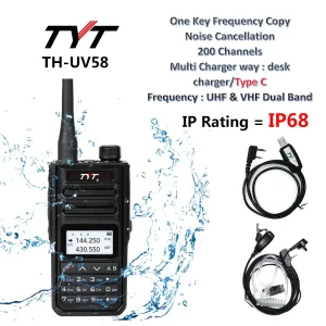 TYT TH-UV58 IP68 Waterproof 10W Power UHF VHF Walkie Talkie 3200mAh Battery USB Type-C Charging Support 200 CH Radio TYT TH UV99