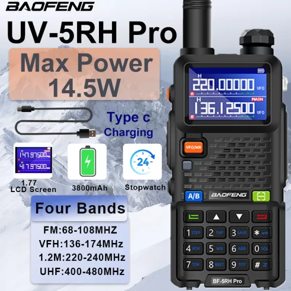 UV-5RH 3800mAh Battery USB-C 10W Baofeng Walkie Talkie FM Four Band Wirless Copy Frequency 999CH Two Way Radios Update UV-5R
