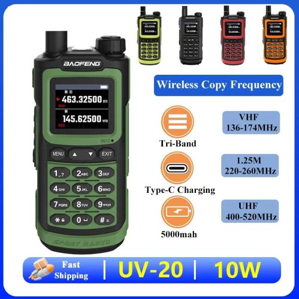 Baofeng UV-20 Walkie Talkie 10W 220-260mhz Tri-Band Rainyproof High Capacity Long Range Type C Charging 999 CH UV-G30 Pro Radio