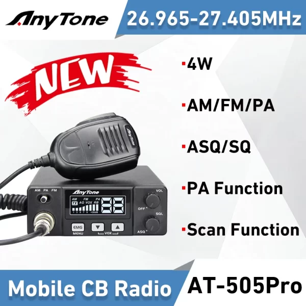 New Anytone AT-505Pro CB Radio 26.965-27.405MHz 4W 40Channels AM/FM/PA Scan Function ASQ/SQ/VOX Car Radio