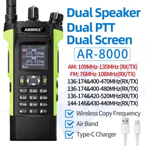 ABBREE AR-8000 Air Band 12W Walkie Talkie Dual PTT Dual Display High Power Wireless Copy Frequency Type-c Handheld Ham Radio