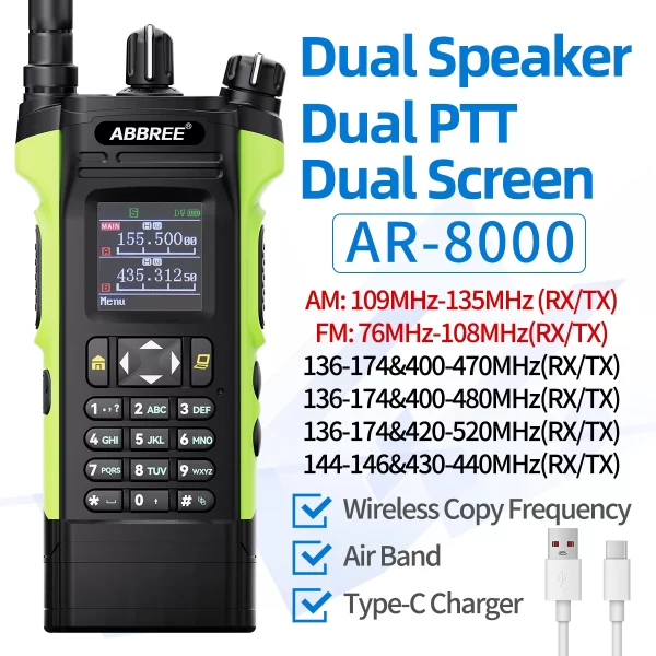 ABBREE AR-8000 Air Band 12W Walkie Talkie Dual PTT Dual Display High Power Wireless Copy Frequency Type-c Handheld Ham Radio