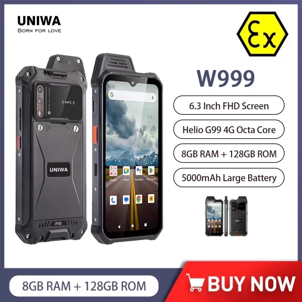 UNIWA W999 Helio G99 Rugged Waterproof Walkie Talkie Explosion-proof 8GB+128GB 6.3 Inch FHD 5000mAh Smartphone Andriod 11 NFC Cell Phones ATEX