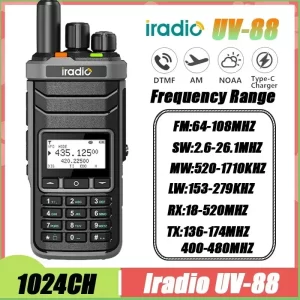 Iradio UV 88 Walkie Talkie Shortwave 2.3-26.1mhz UV88 FM/SW/MW/LW Radio Multi Band Type-C charge NOAA 1024CH Equal Radtel RT-860