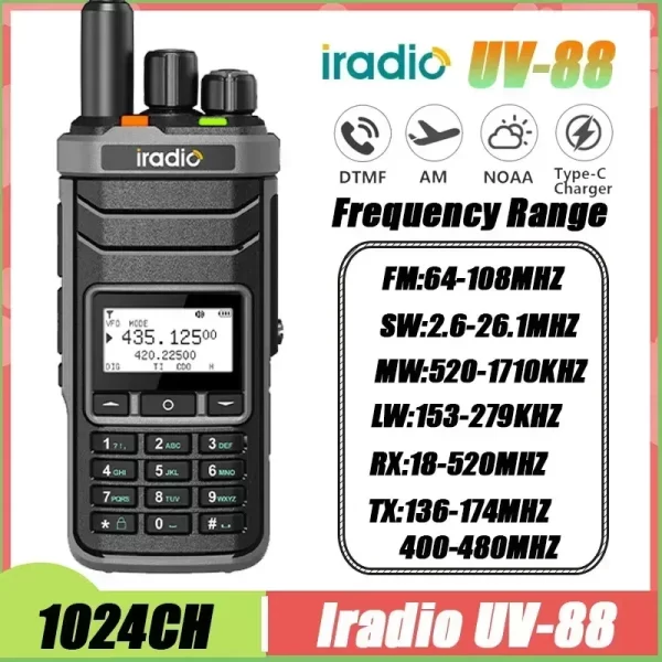 Iradio UV 88 Walkie Talkie Shortwave 2.3-26.1mhz UV88 FM/SW/MW/LW Radio Multi Band Type-C charge NOAA 1024CH Equal Radtel RT-860