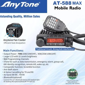 Anytone AT-588Max Mobile Radio 70W Dual Band Bluetooth Connectivity Air Band NRC 512 Channels