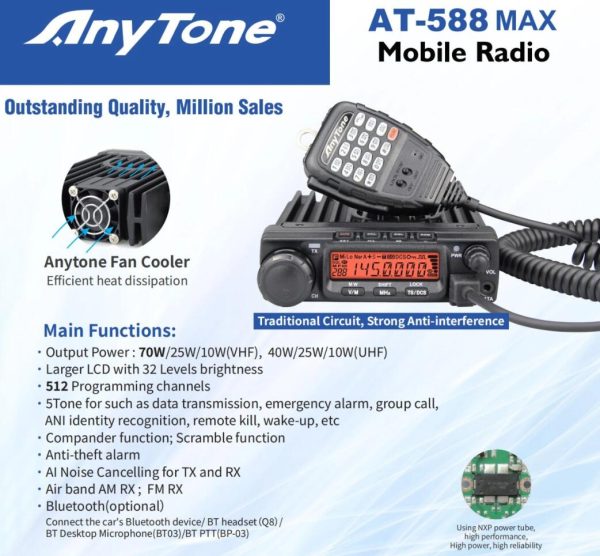 Anytone AT-588Max Mobile Radio 70W Dual Band Bluetooth Connectivity Air Band NRC 512 Channels
