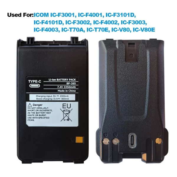 New Upgraded BP-265 Li-Ion Battery 3350mAh Support Type-C Charging for ICOM IC-T70A IC-T70E IC-V80 IC-V80E Walkie Talkie BP265 - Image 2