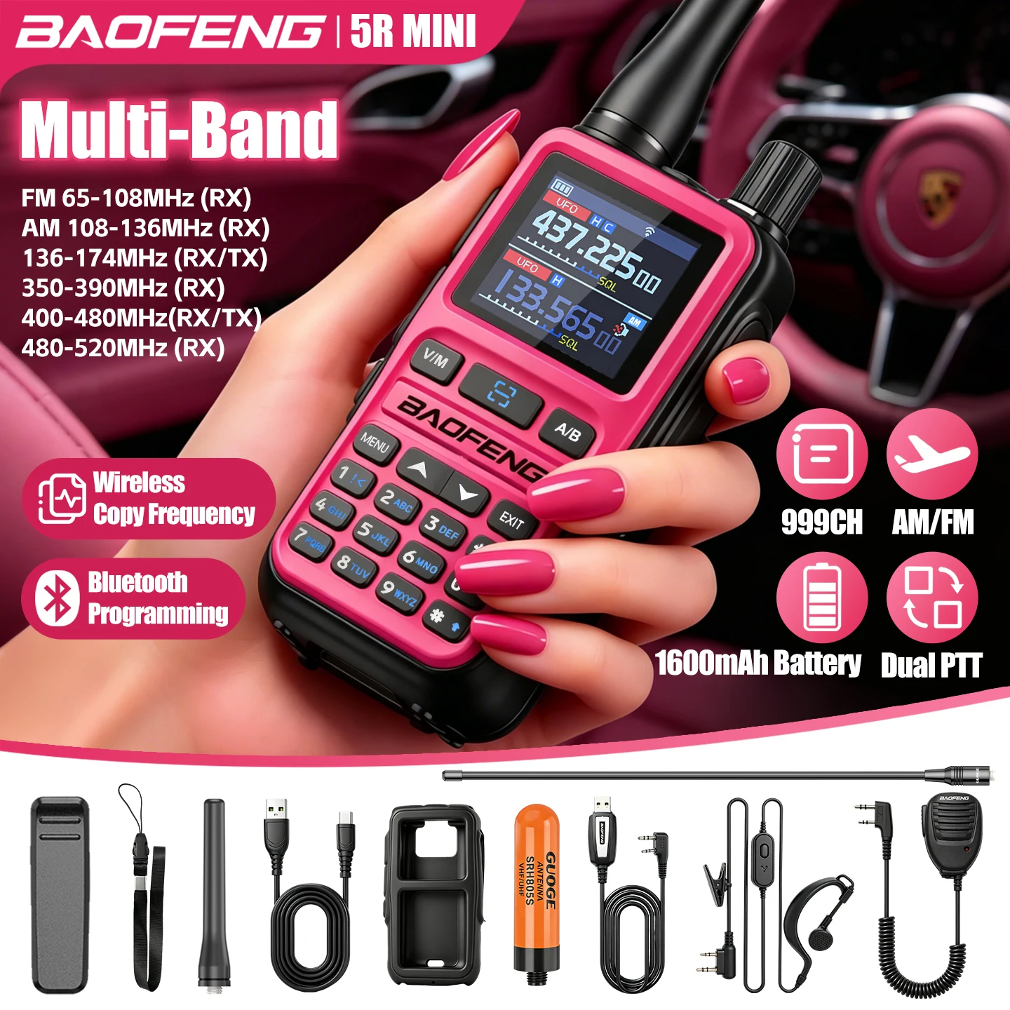 BAOFENG 5Rmini Dual PTT Outdoor Two-Way Radio – Cable-Free Bluetooth Programming for Road Trips, Backpacking & Emergency