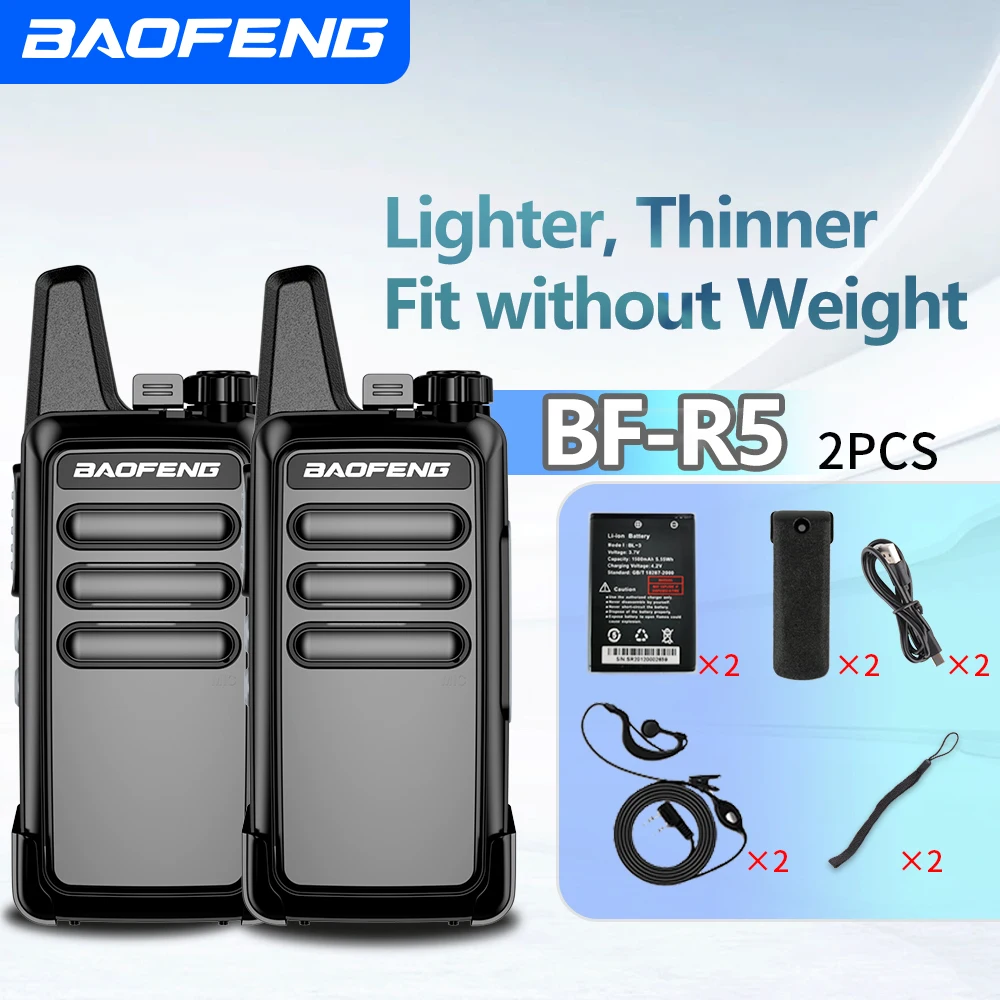 2PCS Baofeng BF-R5 Compact Walkie Talkie Set, 5W Rechargeable Lightweight Two-Way Radio for Adults & Kids