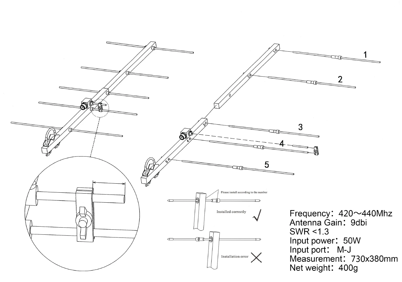 Adjustable Detachable 5 Elements UHF High Gain Yagi Antenna, 420-450MHz For Ham Radio Portable Operation - Image 5