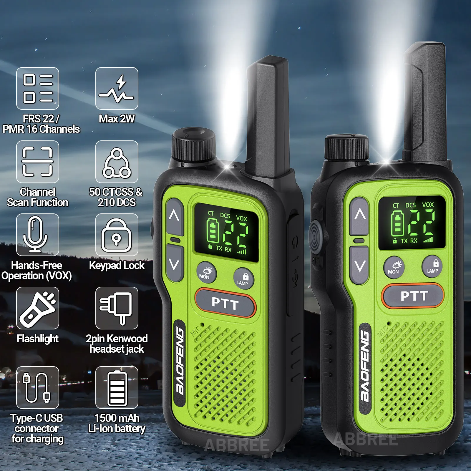 Baofeng BF-T18 (Pair) Mini Adventure Walkie Talkie Set, NOAA Hazard Alert Long Range 2-Way Intercom with Dual PTT - Image 2